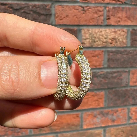 Diamond Pave Hoops Crystal Gold Earrings - Picture 5 of 6